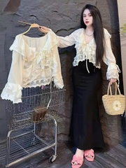 Áo nữ hotrend babydoll bèo cổ tay dài phối ren kem xinh xắn
