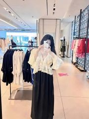 Áo nữ hotrend babydoll bèo cổ tay dài phối ren kem xinh xắn