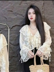 Áo nữ hotrend babydoll bèo cổ tay dài phối ren kem xinh xắn