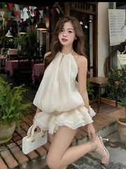 Sét đồ nữ hotrend áo yếm dáng bí cổ đính ngọc váy dáng tầng xoè có quần trong