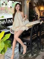 Sét đồ nữ hotrend áo yếm dáng bí cổ đính ngọc váy dáng tầng xoè có quần trong