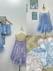 Sét đồ nữ hotrend váy ngắn 2 dây bèo lai kèm quần short bảo hộ chất liệu tơ hoạ tiết xinh phù hợp xu hướng hiện đại
