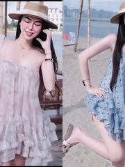 Sét đồ nữ hotrend váy ngắn 2 dây bèo lai kèm quần short bảo hộ chất liệu tơ hoạ tiết xinh phù hợp xu hướng hiện đại