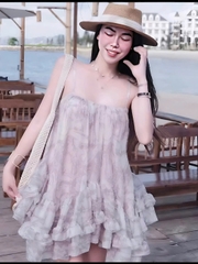 Sét đồ nữ hotrend váy ngắn 2 dây bèo lai kèm quần short bảo hộ chất liệu tơ hoạ tiết xinh phù hợp xu hướng hiện đại