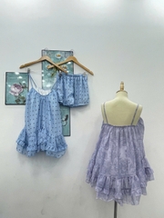 Sét đồ nữ hotrend váy ngắn 2 dây bèo lai kèm quần short bảo hộ chất liệu tơ hoạ tiết xinh phù hợp xu hướng hiện đại
