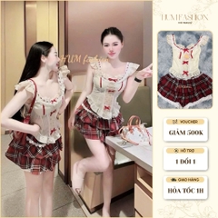Set áo cánh tiên đính nơ phối chân váy caro sọc đỏ hot trend 2025