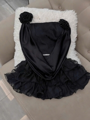 Sét Bộ Ren Nữ Hotrend Váy Tầng Áo Cổ Đổ Phối Satin Đính Hoa Hồng Chất Liệu Mềm Mại Sang Trọng Hoạ Tiết Bông Hoa Trên Ren