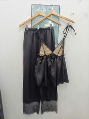 Sét đồ ngũ áo 2 dây phối ren hở lưng kèm quần ống rộng satin mềm mại chất liệu sang trọng