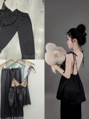 Sét đồ ngũ áo 2 dây phối ren hở lưng kèm quần ống rộng satin mềm mại chất liệu sang trọng