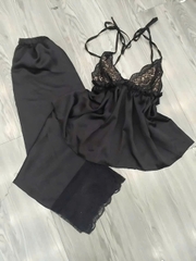 Sét đồ ngũ áo 2 dây phối ren hở lưng kèm quần ống rộng satin mềm mại chất liệu sang trọng