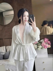 Sét bộ ngủ nữ vạt chéo tay dài bèo chất liệu satin mềm mại sang chảnh quyến rũ