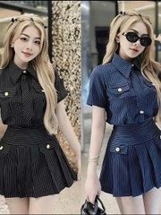 sét bộ nữ hotrend áo sơ mi có nắp túi đính cúc ngọc kèm cà vạt & chân váy xếp li