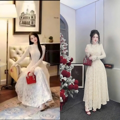 Đầm Dài Trắng kem Sang Trọng Với Chi Tiết Ren Tinh Xảo Phù Hợp Cho Mọi Sự Kiện Sang Trọng