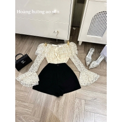 Set áo ren kem trễ vai bánh bèo đính nơ phối quần short ngắn sang chảnh