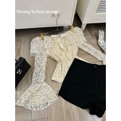 Set áo ren kem trễ vai bánh bèo đính nơ phối quần short ngắn sang chảnh