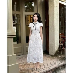 Đầm váy tơ ren đính cổ ngọc chiết eo dáng dài, váy thiết kế ren vai tiểu thư sang chảnh