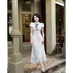Đầm váy tơ ren đính cổ ngọc chiết eo dáng dài, váy thiết kế ren vai tiểu thư sang chảnh