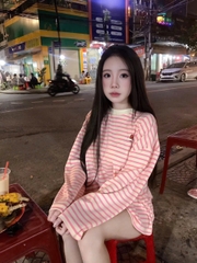 Bộ đồ nữ thun sọc borip áo tay dài in hoạ tiết mix quần quần đùi dễ thương