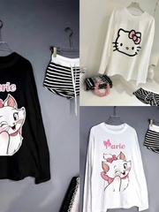 Sét đồ nữ áo thun cotton tay dài in hoạ tiết mix quần short sọc - Nữ
