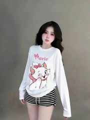 Sét đồ nữ áo thun cotton tay dài in hoạ tiết mix quần short sọc - Nữ