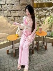 Sét đồ nữ 3 món quần dài sọc áo thun in báo PINK kèm áo bra chất liệu mềm mại và thoải mái