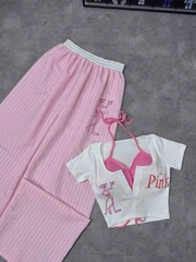 Sét đồ nữ 3 món quần dài sọc áo thun in báo PINK kèm áo bra chất liệu mềm mại và thoải mái