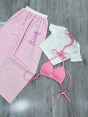 Sét đồ nữ 3 món quần dài sọc áo thun in báo PINK kèm áo bra chất liệu mềm mại và thoải mái