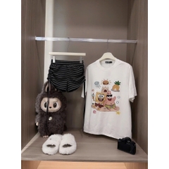 Bộ nữ áo thun cotton 100% in bọt biển mix quần short borip sọc có dây rút sườn