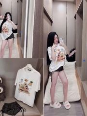 Bộ nữ áo thun cotton 100% in bọt biển mix quần short borip sọc có dây rút sườn