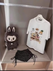 Bộ nữ áo thun cotton 100% in bọt biển mix quần short borip sọc có dây rút sườn
