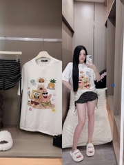 Bộ nữ áo thun cotton 100% in bọt biển mix quần short borip sọc có dây rút sườn