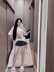 Bộ nữ áo thun cotton 100% in bọt biển mix quần short borip sọc có dây rút sườn