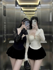 Sét đồ nữ thiết kế quần bí áo cúp ren tay dài ống loe trang trí khoen phụ kiện - Nữ