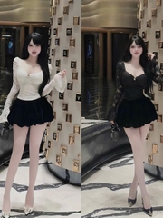 Sét đồ nữ thiết kế quần bí áo cúp ren tay dài ống loe trang trí khoen phụ kiện - Nữ
