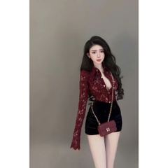 Sét đồ nữ áo ren sơ mi tay dài có lót mix quần short thun poly