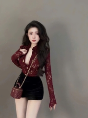 Sét đồ nữ áo ren sơ mi tay dài có lót mix quần short thun poly