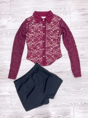 Sét đồ nữ áo ren sơ mi tay dài có lót mix quần short thun poly