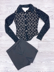Sét đồ nữ áo ren sơ mi tay dài có lót mix quần short thun poly
