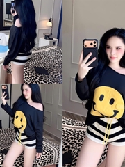 Sét đồ nữ hotrend áo thun cotton mặt cười tay dài lêch vai mix quần short sọc thời trang hiện đại