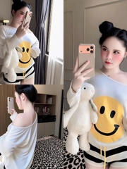 Sét đồ nữ hotrend áo thun cotton mặt cười tay dài lêch vai mix quần short sọc thời trang hiện đại