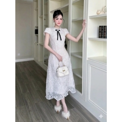 Đầm váy tơ ren đính cổ ngọc chiết eo dáng dài, váy thiết kế ren vai tiểu thư sang chảnh