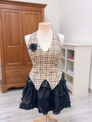 Sét đồ nữ hotrend áo yếm dạ đính hoa trà mix chân váy tơ tầng thời trang cho phong cách nữ tính và sang trọng