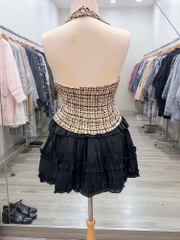Sét đồ nữ hotrend áo yếm dạ đính hoa trà mix chân váy tơ tầng thời trang cho phong cách nữ tính và sang trọng
