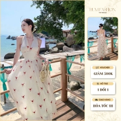 Đầm maxi đi biển thiết kế cổ yếm dài dáng xòe, đầm dạo phốt chất tơ hoa