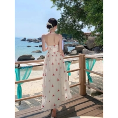 Đầm maxi đi biển thiết kế cổ yếm dài dáng xòe, đầm dạo phốt chất tơ hoa