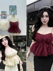 Áo nữ hotrend kiểu dáng baby 2 dây chất liệu ren gợn sóng bồng bềnh thiết kế nữ tính trẻ trung có mút nâng đỡ tự nhiên