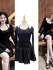 Sét đồ nữ hotrend áo ren cổ yếm tay dài chân váy dáng xoè