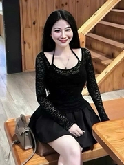 Sét đồ nữ hotrend áo ren cổ yếm tay dài chân váy dáng xoè
