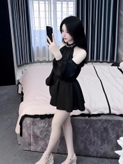 Đầm Thời Trang Nữ cổ yếm trang trí dây kim sa kèm dây cột eo_ Thiết Kế Sang Trọng Phù Hợp Mọi Dịp Màu Trắng & Đen Kiểu D