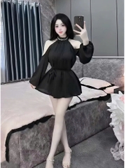 Đầm Thời Trang Nữ cổ yếm trang trí dây kim sa kèm dây cột eo_ Thiết Kế Sang Trọng Phù Hợp Mọi Dịp Màu Trắng & Đen Kiểu D